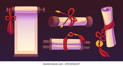 Chinese paper scroll frame in red and gold for game. Royal asian new year banner template element. Traditional vintage korean parchment with golden coin and festive tassel on rope isolated element.