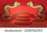 Chinese paper scroll template with podium for product display. Oriental background template with dragons pattern and auspicious clouds. Chinese new year template for banner or product display vector.