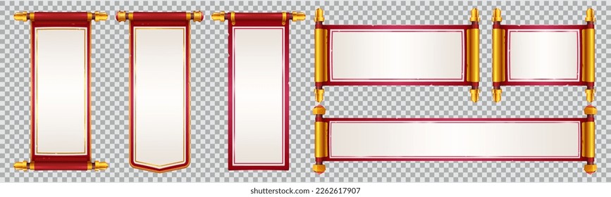 Chinesisches Papier-Scroll-Vektorbanner-Set. Japanischer Dialograhmen mit rotem und goldenem Hintergrund für Schnittstellenspiel. Blank alte, realistische Pergament-goldene Rolle einzeln auf transparentem Hintergrund.