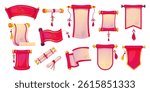 Chinese paper scrolls. Old paper roll royal letter with red rope, japan book reels asian vintage parchment banner lunar new year festive scroll, cartoon swanky vector illustration original artwork