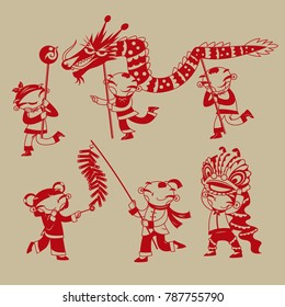 Chinese paper-cutting art: Kids playing dragon dance, lion dance and firecrackers to celebrate the Chinese new year coming