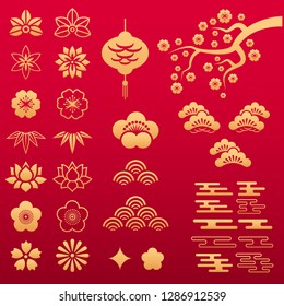 Chinese pattern. Asian gold floral ornaments and decoration elements in traditional style: bamboo, lotus, sakura, peony and chrysanthemum flowers, leaves and lantern, waves and clouds.