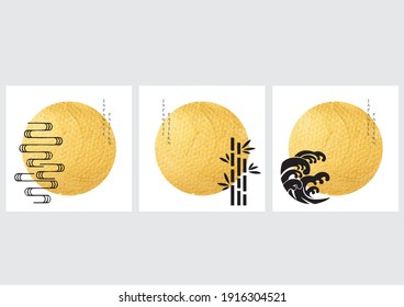 Chinese pattern with Asian icon and sun elements vector. Gold 
 texture traditional background in vintage style.