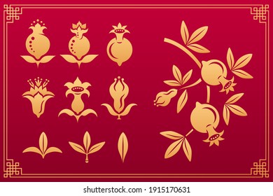 Flores, frutas y hojas de granate adorno asiático