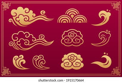 Chinese pattern. Asian orient gold traditional ornament and decorative element: clouds and waves isolated on red background with gold geometric frame. Vector set.