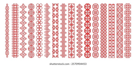 Chinese pattern frame. China ornament. Oriental design. Geometric decorations. Asia sign background. Traditional vintage graphic style. Red line national flat motif. Vector Asian label borders set