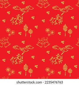 Patrón chino con personajes de arte de la línea dorada, simples elementos asiáticos dibujados a mano sobre fondo rojo