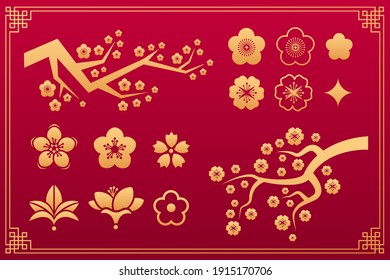 Chinese pattern. Orient  asian traditional decorative gold vector ornaments. Floral plant elements: sakura flower, leaves, blossom and branch isolated on red background with frame. Vector set.