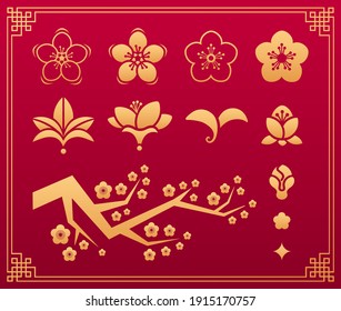 Chinese pattern. Orient  asian traditional decorative gold vector ornaments. Floral plant elements: sakura flower, leaves, blossom and branch isolated on red background with frame. Vector set.