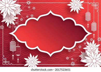 Chinese pattern with oriental asian elements on red color background and  white frame, for wedding invitation card, happy new year, happy birthday, valentine day, greeting cards, poster