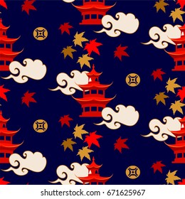 Chinese pattern with pagoda and cloud and red and golden leaves, autumn seamless background.