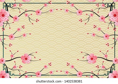Chinese pattern with pink plum blossom flowers and oriental asia elements on background color, for wedding invitation card, happy new year, valentine day, greeting cards, or web banner