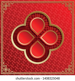 Chinese pattern with pink plum blossom flowers and oriental asia elements on red background with gold frame, for wedding invitation card, happy new year, valentines day, greeting cards, or web banner