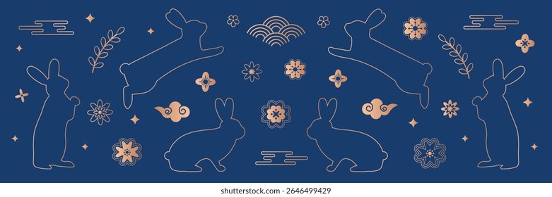 Chinese pattern with rabbits for Mid Autumn Festival in golden color on dark blue background. Vector illustration