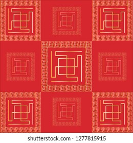 Chinese pattern. Red background. Geometric pattern. Golden outline. Classic Chinese pattern. Vector illustration.