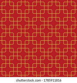 Chinese pattern in red and gold. Seamless bright lattice ornament with overlapping rounded squares motif for wallpaper, book cover, or other modern decorative paper or textile print.