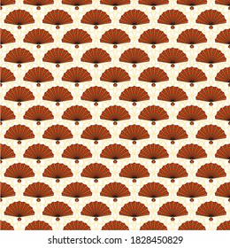 Chinese Pattern with red hand Fan. Oriental decorations. Asia and Japan culture. Asia culture symbols, graphic modern illustration. For New year greeting card decoration. Flat vector illustration.