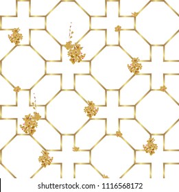 Chinese pattern vector. Gold geometric background with cherry blossom flower.