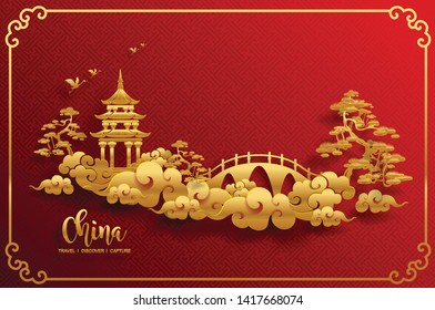 Chinese Pavilion Arch with red paper cut art and craft style on color Background. 