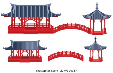 Chinese pavilion and bridge isolated on white background. Graphic vector