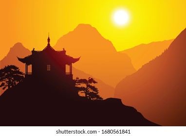 Chinese pavilion with mountains on the background.