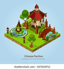 Chinese pavilion resting place with beautiful landscape and decoration elements isometric design concept vector illustration