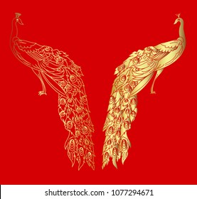 Chinese Peacock tattoo.Silhouette and golden peacock isolate vector.paper cut and outline design.