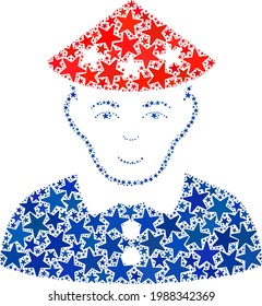 Chinese peasant mosaic of stars in various sizes and color tints. Chinese peasant illustration uses American official blue and red colors of Democratic and Republican political parties,