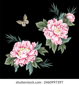 Chinese peonies and butterfly isolated. Vector