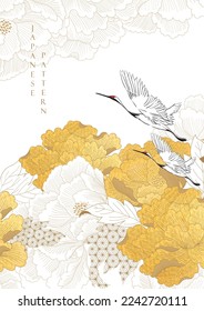 Chinese peony flower decorations with gold watercolor texture in vintage style. Abstract art landscape with crane birds with hand drawn line elements