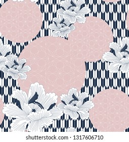 Chinese peony flower pattern with geometric elements background. Asian template vector.