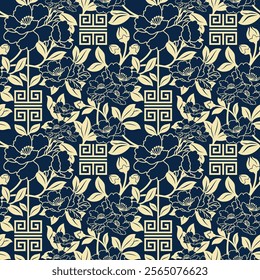 Chinese peony seamless pattern.  Traditional Asian style in dark blue and gold color tone. Vector design for backdrop, background, wallpaper, wrapping paper, carpet, textile, fabric.