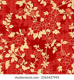 Chinese peony seamless pattern.  Traditional Asian style in red and gold color tone. Vector design for backdrop, background, wallpaper, wrapping paper, carpet, textile, fabric.