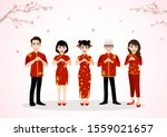 Chinese people cartoon character greeting in Chinese new year festival on plum blossom trees with spring season background vector