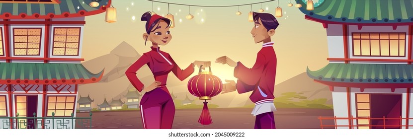 Chinese people celebrate lunar New Year in China village. Man and woman in traditional costumes holding red lantern on Asian street with oriental houses and garlands decor, Cartoon vector illustration