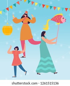 Chinese People celebrating Lunar New Year. Lion Dragon dance woman and man characters wearing china traditional costume on parade or carnival. Vector illustration