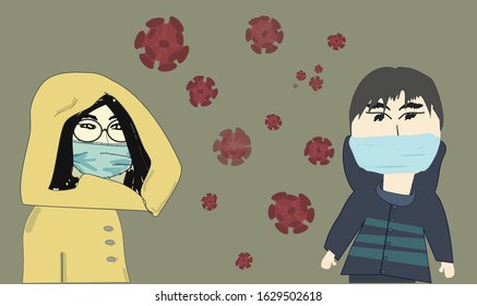 Chinese people in respiratory mask, man and woman. Novel coronavirus 
 - 2019-nCoV, WUHAN virus concept. Surgical mask. MERS-Cov. air pollution. cough, cold. vector eps 10. COVID-19