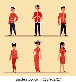 Chinese people in traditional red costume - cartoon isolated set of men and women in oriental jacket and qipao wedding dress. Flat vector illustration.