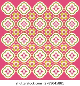 Chinese Peranakan seamless floral pattern with vintage geometric ornament background