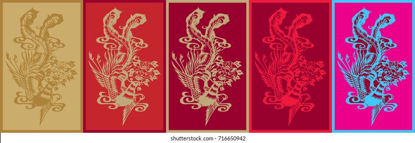 Chinese Phoenix elements in oriental style on various color background