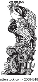 Chinese phoenix or feng huang Fenghuang mythological bird. Black and white graphic style vector illustration