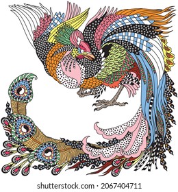 Chinese phoenix or Feng Huang Fenghuang mythological bird. One of celestial feng shui animals. Graphic style vector illustration