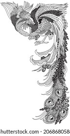 Chinese phoenix or Feng Huang Fenghuang mythological bird. One of celestial feng shui animals. Graphic style vector illustration. Black and white