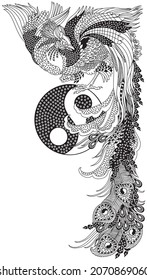 Chinese phoenix or Feng Huang Fenghuang mythological bird and Yin Yang symbol. One of celestial feng shui animals. Graphic style vector illustration. Black and white