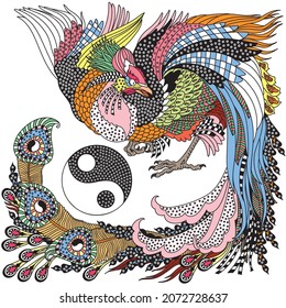 Chinese phoenix or Feng Huang Fenghuang mythological bird and Yin Yang symbol. One of celestial feng shui animals. Graphic style vector illustration