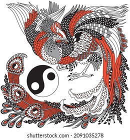 Chinese phoenix or Feng Huang Fenghuang mythological bird and Yin Yang symbol. One of celestial feng shui animals. Graphic style vector illustration