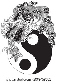 Chinese phoenix or Feng Huang magical bird and yin yang symbol of harmony. Magic bird is one of the celestial feng shui animals. Black and white vector illustration