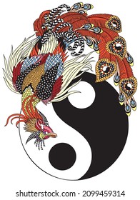 Chinese phoenix or Feng Huang magical bird and yin yang symbol of harmony. Magic bird is one of the celestial feng shui animals. Isolated vector illustration