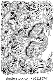 Chinese phoenix or feng huang mythological bird. Black and white vector illustration 