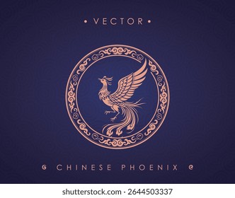 Chinese Phoenix Inside Traditional Patterned Circle on Decorative Background